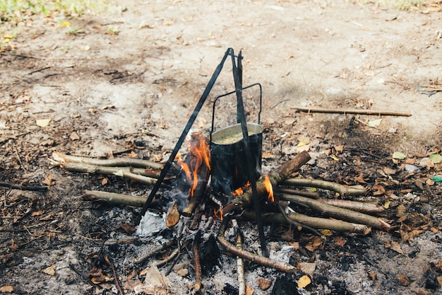 The mushroom soup on the fire