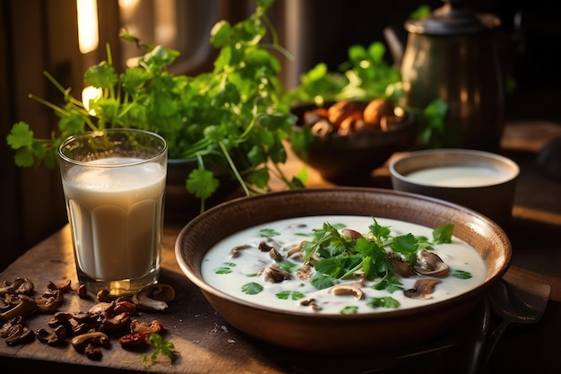 Mushroom Soup in kitchen table professional advertising food photography