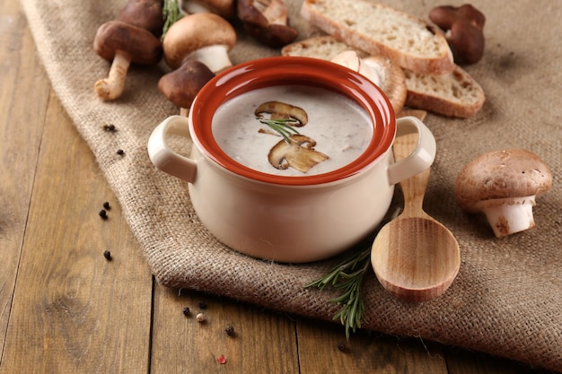 Mushroom soup in pot on wooden background