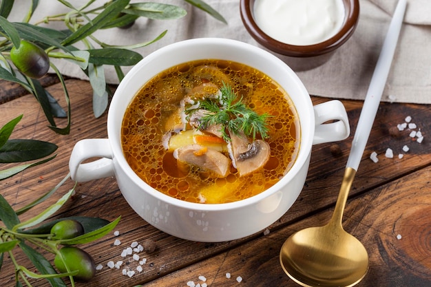 Mushroom soup in a white ceramic bowl