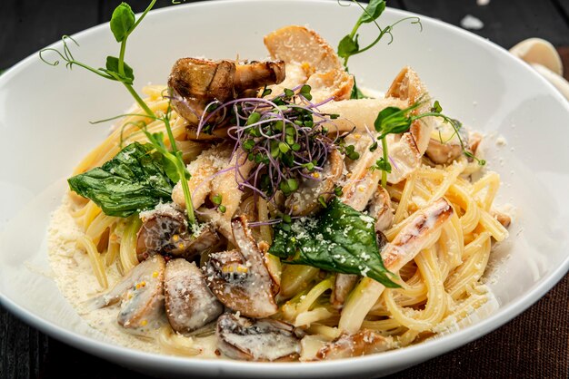 Mushroom Spaghetti Pasta and cream sauce with different types of mushrooms