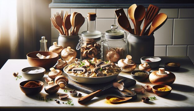 Mushroom Stroganoff on Marble with Spices and Utensils