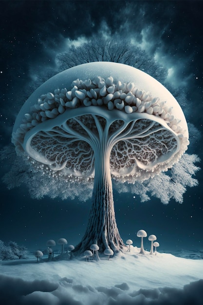 Mushroom tree in the middle of a snowy field generative ai