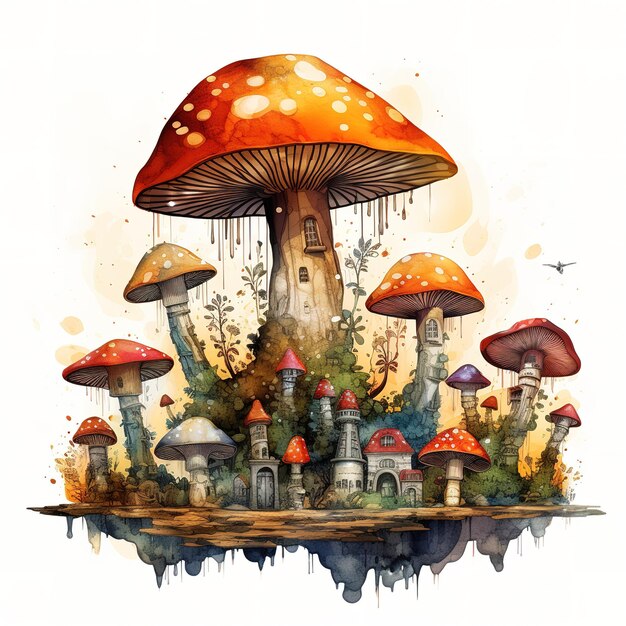 Mushroom universe full of mushroom city watercolor effect mushroom details white Generative AI