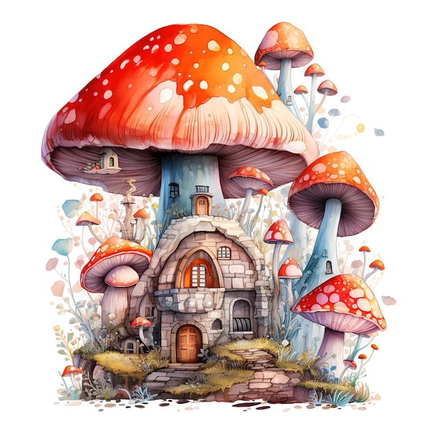 Mushroom universe full of mushroom city watercolor effect mushroom details white Generative AI