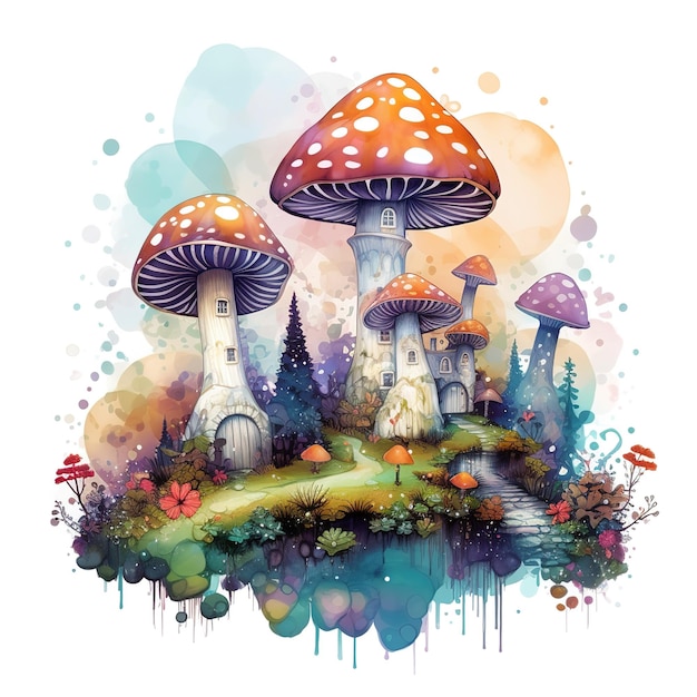 Mushroom universe full of mushroom city watercolor effect mushroom details white Generative AI