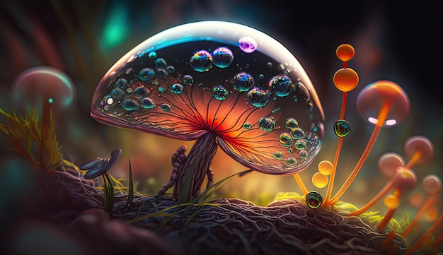 A mushroom with bubbles in the background