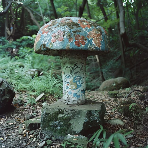 Foto un fungo con un disegno floreale su di esso si siede nel bosco