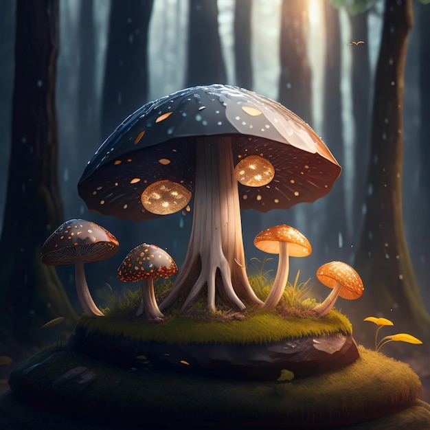 A mushroom with lights on it is in a dark forest.