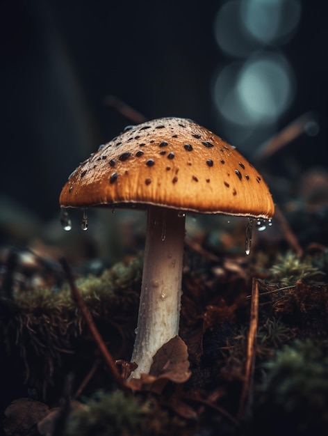 A mushroom with a mushroom cap and water drops on it