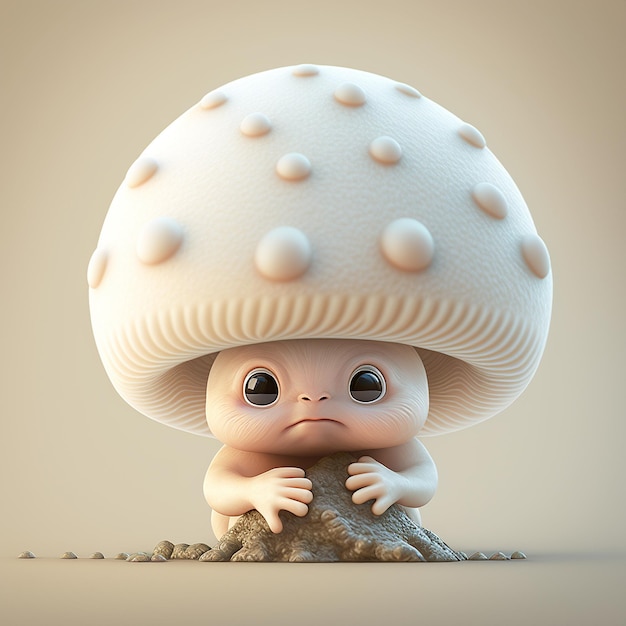 A mushroom with a mushroom on its head is looking at the camera.