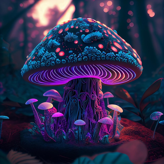 A mushroom with purple lights is in the middle of a forest.