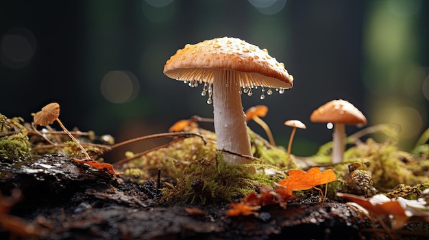 A mushroom with raindrops on it