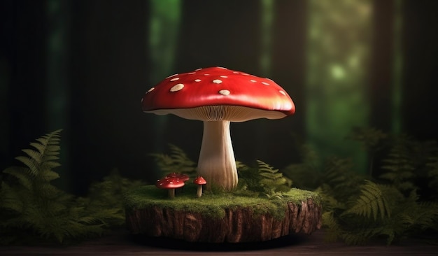 A mushroom with a red cap sits on a stump in the woods.