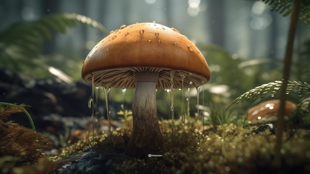 A mushroom with water drippings on it