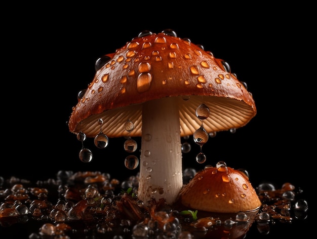 A mushroom with water droplets on it is on a black background.