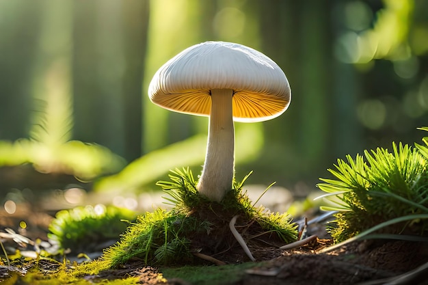 A mushroom with a white cap stands in the grass.