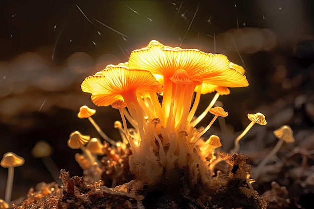 A mushroom with a yellow cap is in the dark