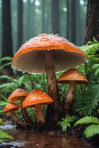 숲에서 비가 내린 후 버섯