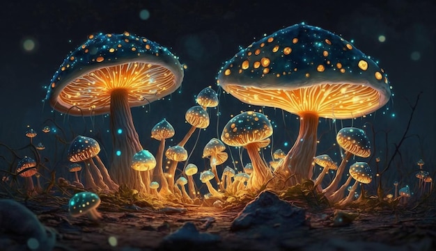 mushrooms are glowing in the dark with glowing lights on them generative ai