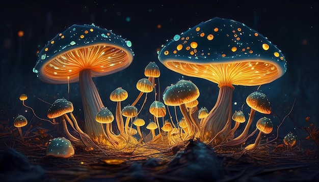 mushrooms are glowing in the dark with a lot of light generative ai