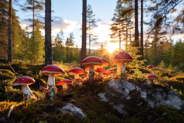 Mushrooms are growing in autumn forest Mushroom picking Nature background with sunlight