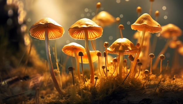 Mushrooms are growing on a mossy surface with sunlight shining through them generative ai