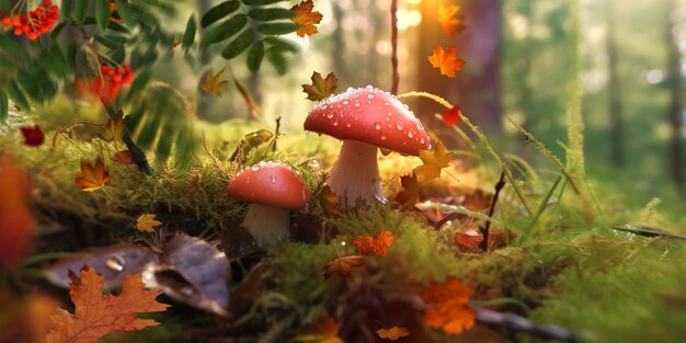 mushrooms in Autumn forest field Rowan berry branchmorning dew water drops and grass