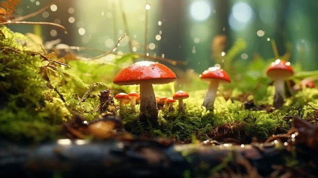 mushrooms in Autumn forest field Rowan berry branchmorning dew water drops and grass