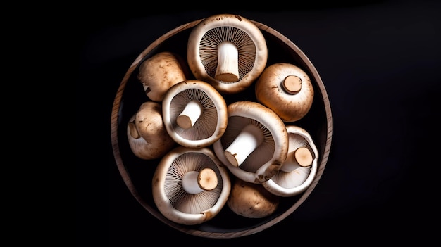 Mushrooms in a bowl on a black background