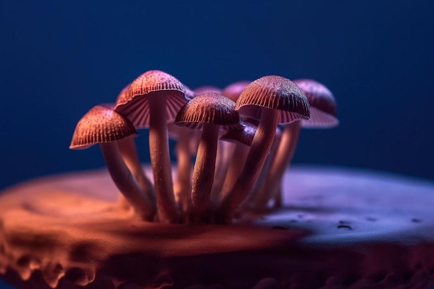 Mushrooms on a cake with a blue and purple background