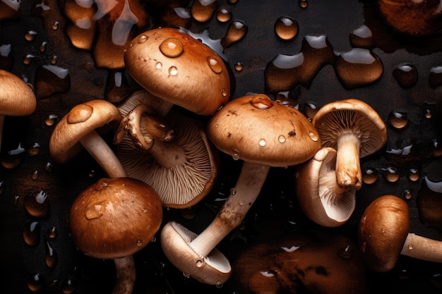 mushrooms on dark background with visible drops of water dark style autumn concept restoration c