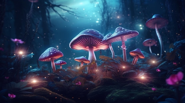 Mushrooms in a dark forest with lights