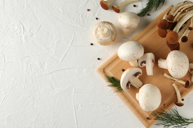 Mushrooms, dill, board and spices on white, space for text