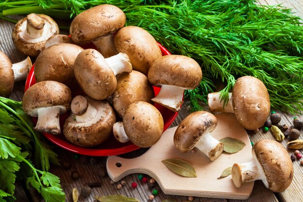 Mushrooms dill and spices on wooden table