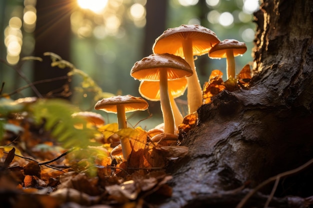 Mushrooms emerging in the fall Created with generative AI technology