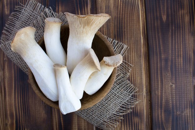 Mushrooms eringi in the brown bowl top view