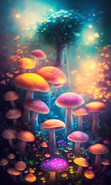 Mushrooms and flowers midnight aura night sky glowing ultradetailed artistic illustration