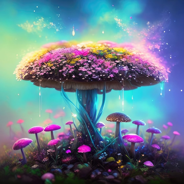 Mushrooms and flowers in symbiosis fabulous Generative AI