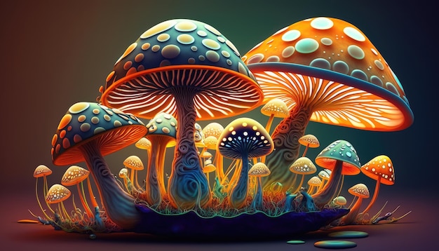 Mushrooms in the forest Psychedelic 3d illustration