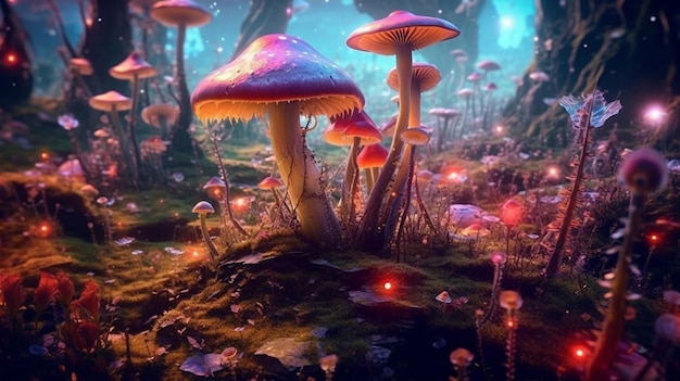 Photo mushrooms in a forest with glowing lights and moss generative ai