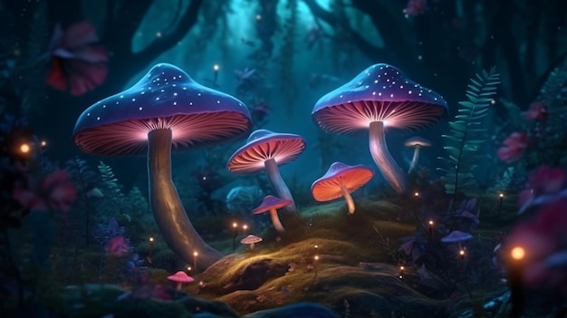 Mushrooms in a forest with lights on them