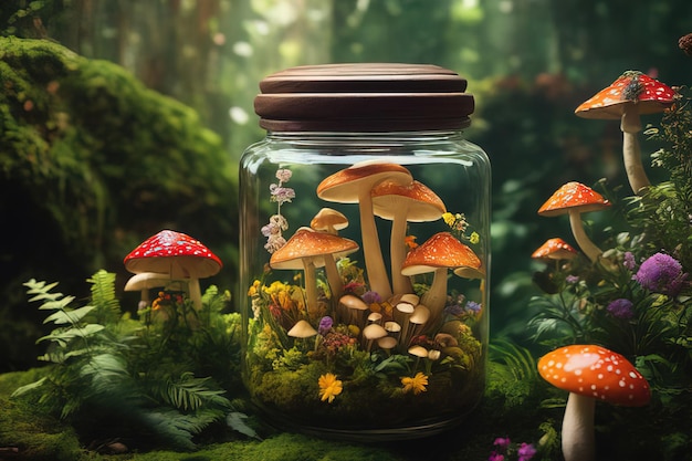 mushrooms in glass jar in the forest