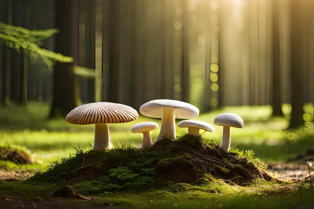 Mushrooms growing in the forest with the sun shining through the trees