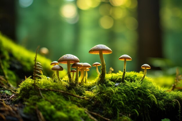 Mushrooms growing in a mossy environment