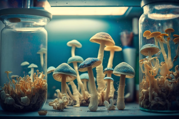 Mushrooms in laboratory in test tubes Mushroom cultivation science mycology concept Generative AI