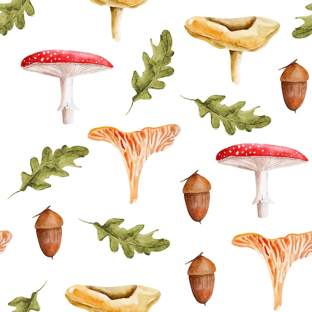 Mushrooms leaves and acorn in the forest watercolor seamless pattern