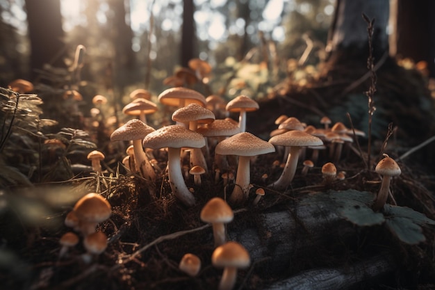 Mushrooms on a log in the forest