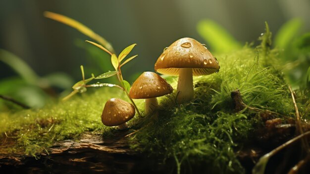 Photo mushrooms on a log with moss and moss