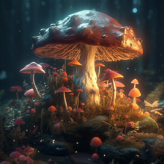 Mushrooms and moss growing on a moss covered ground in a forest generative ai